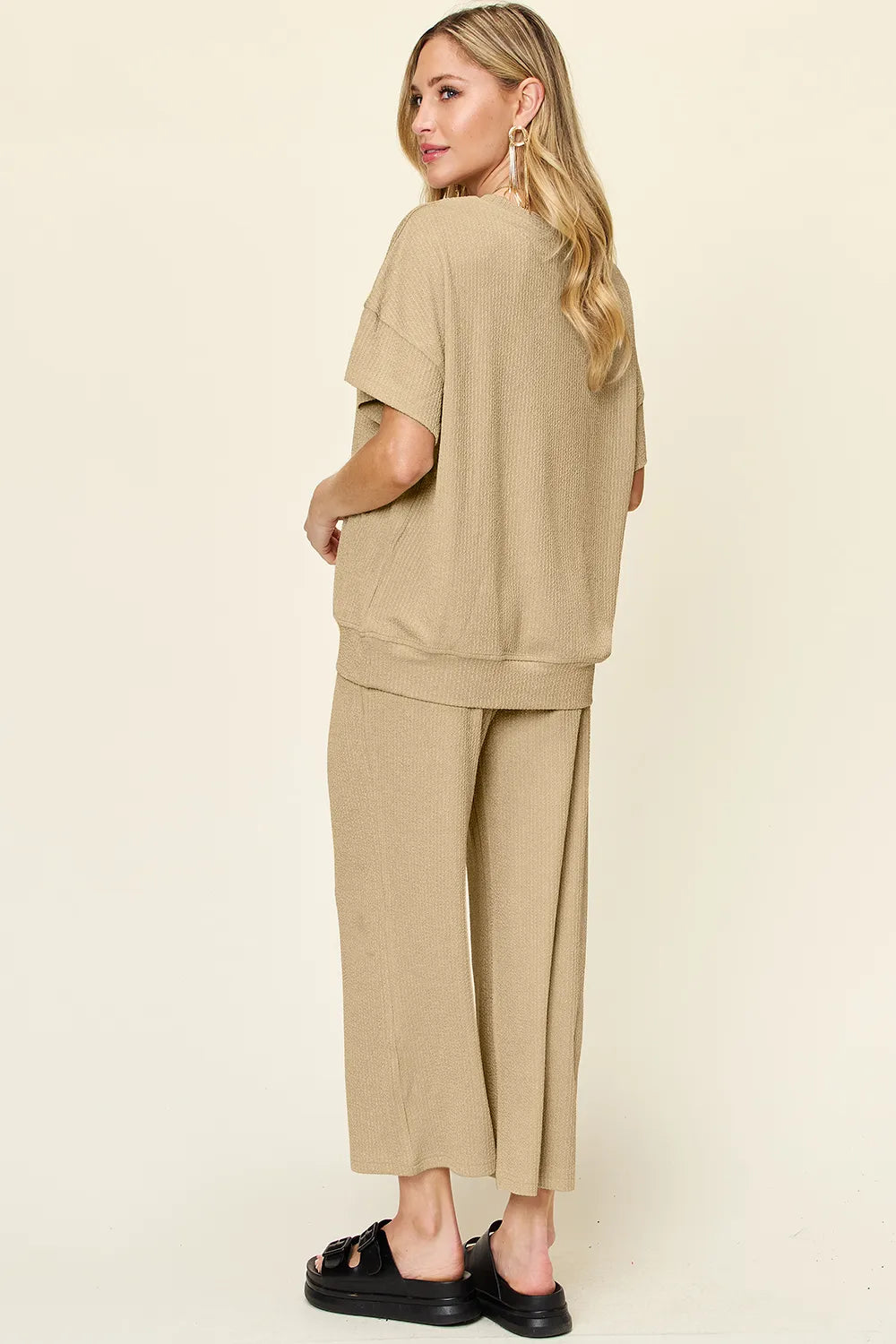 Double Take Full Size Texture Round Neck Short Sleeve T-Shirt and Wide Leg Pants - CHIC TB