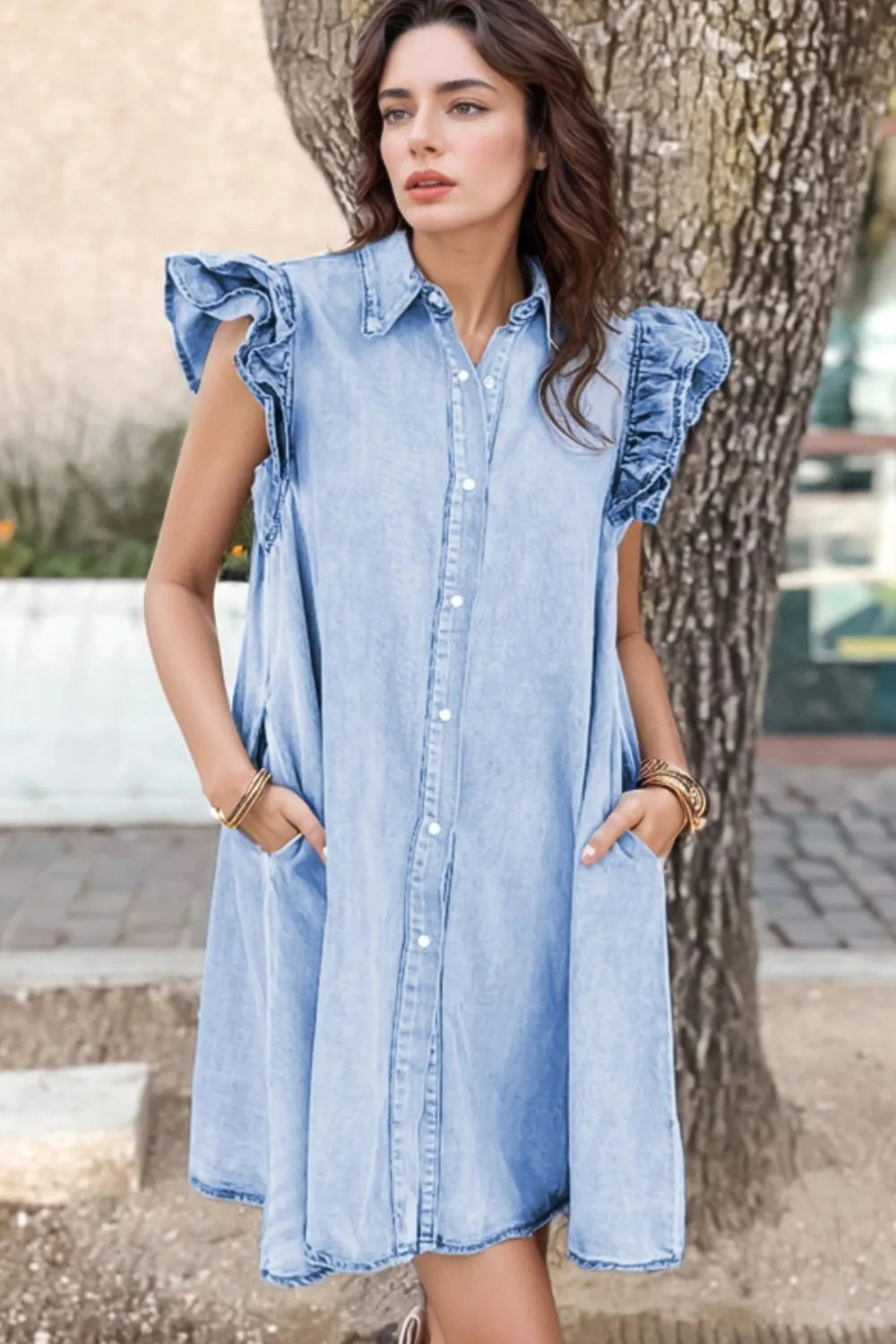 Ruffled Button Front Cap Sleeve Denim Dress.