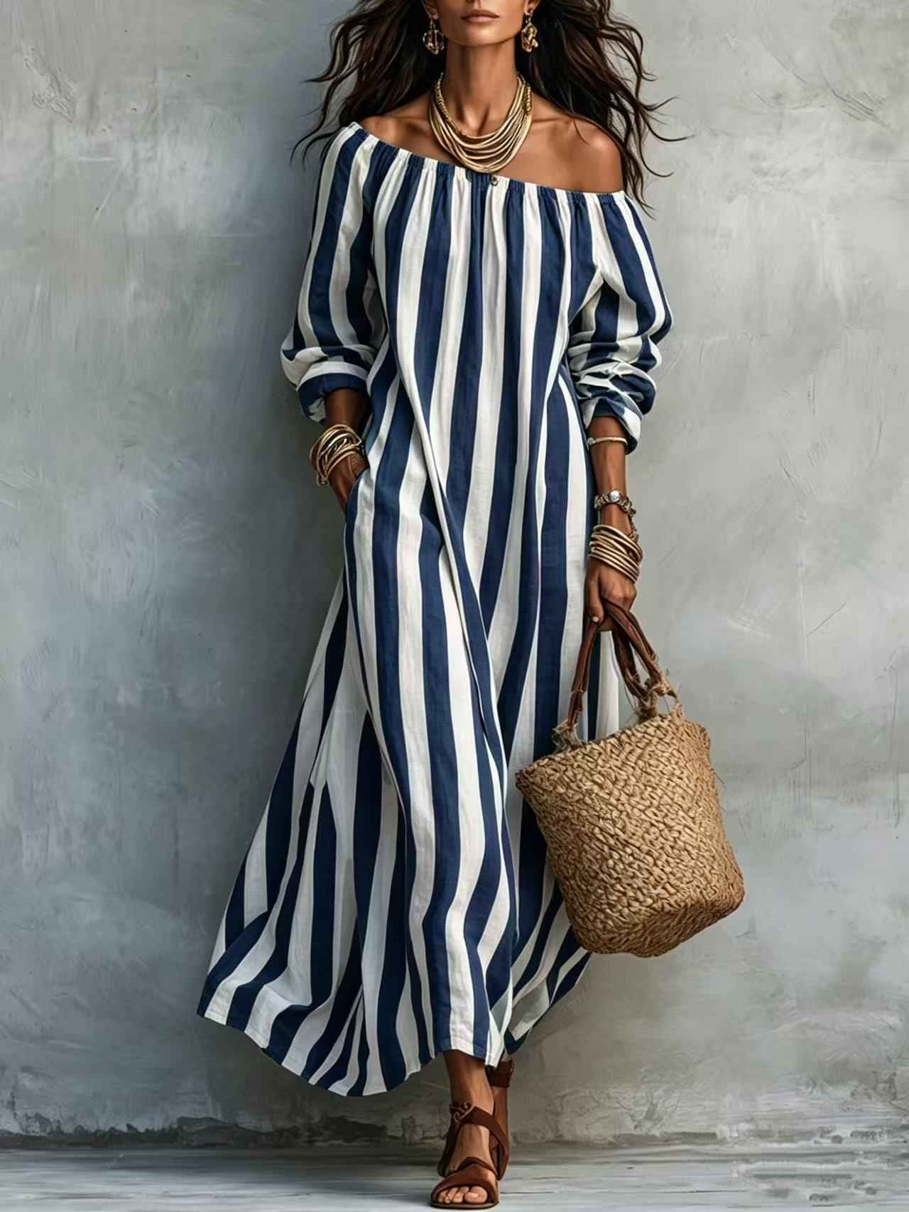 Striped Off Shoulder Vacation Dress