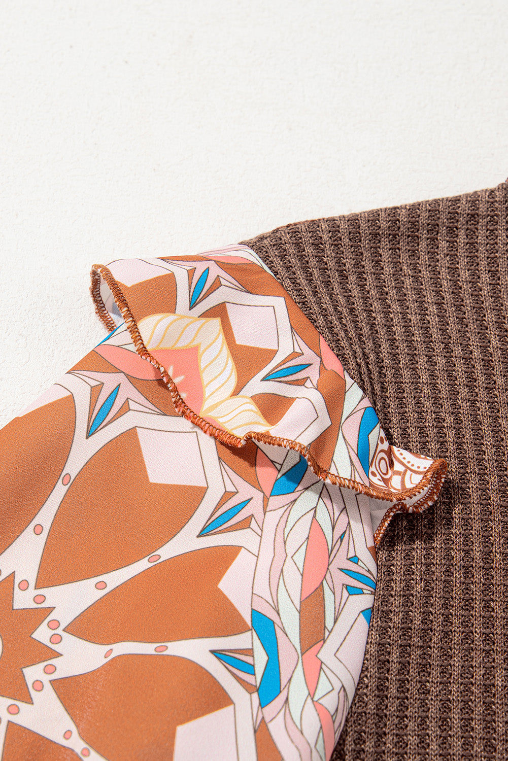 Coffee Ruffled Floral Sleeve Patchwork Waffle Knit O Neck Blouse Dear-Lover Dropshipping