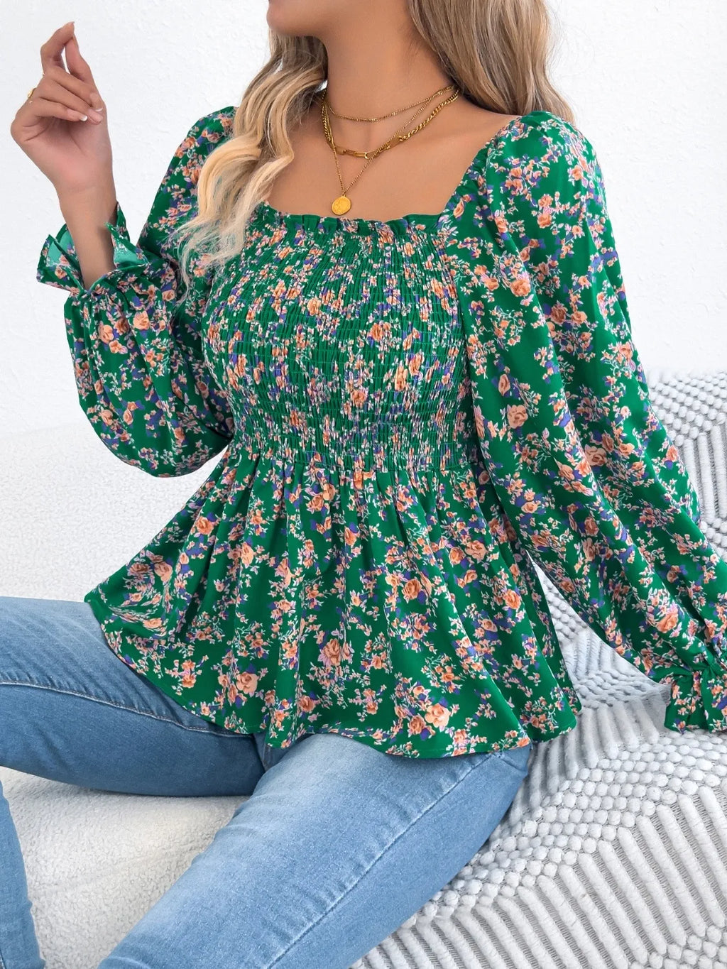 Floral Square Neck Flounce Sleeve Blouse.