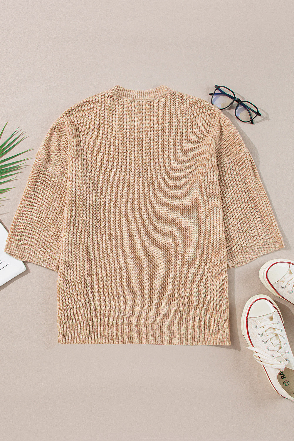 Light French Beige Contrast Striped 3/4 Sleeve Crew Neck Sweater Dear-Lover Dropshipping