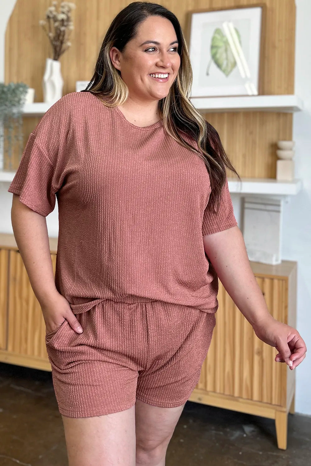 Double Take Full Size Round Neck Short Sleeve T-Shirt and Shorts Set - CHIC TB