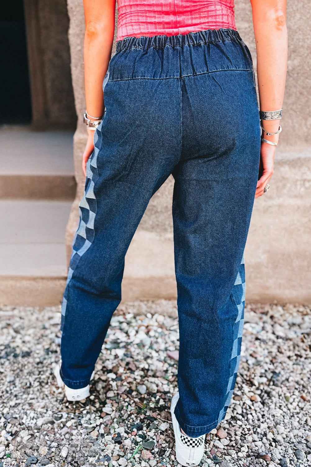 Sail Blue Checkered Side Panel Patchwork Drawstring Loose Denim Pants