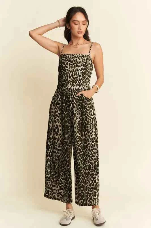 Davi & Dani Leopard Spaghetti Straps Wide Leg Jumpsuit