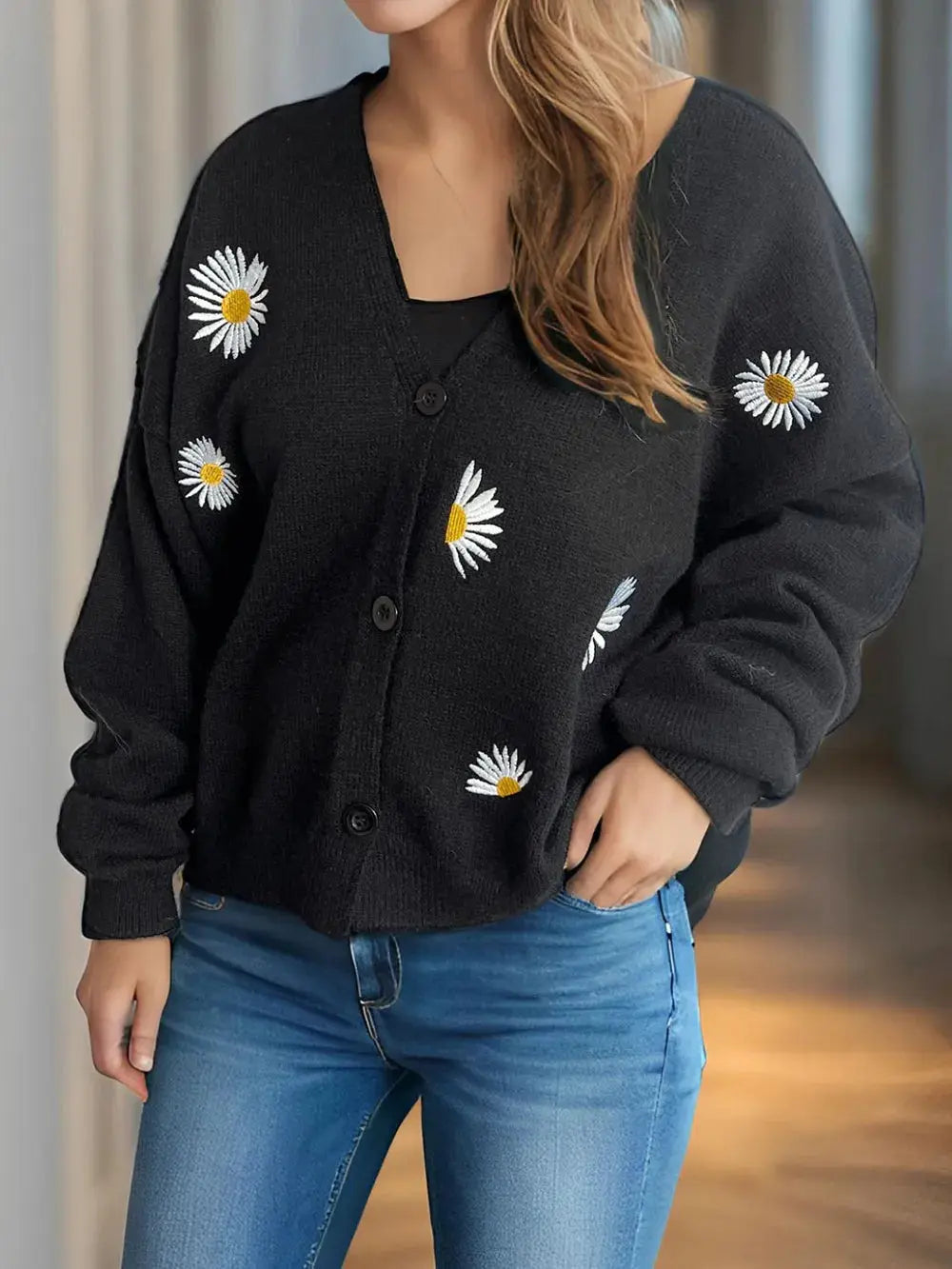 Daisy Button Up V-Neck Cardigan.