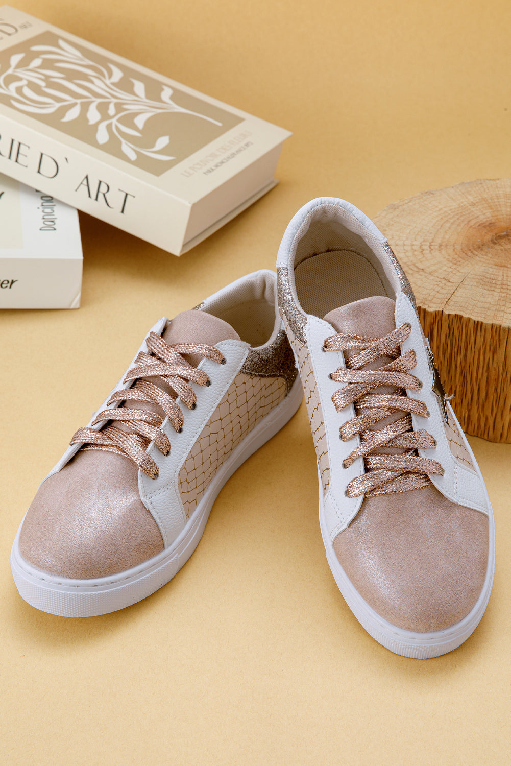 Gold Glitter Star Patchwork PU Leather Lace-up Sneakers Dear-Lover Dropshipping