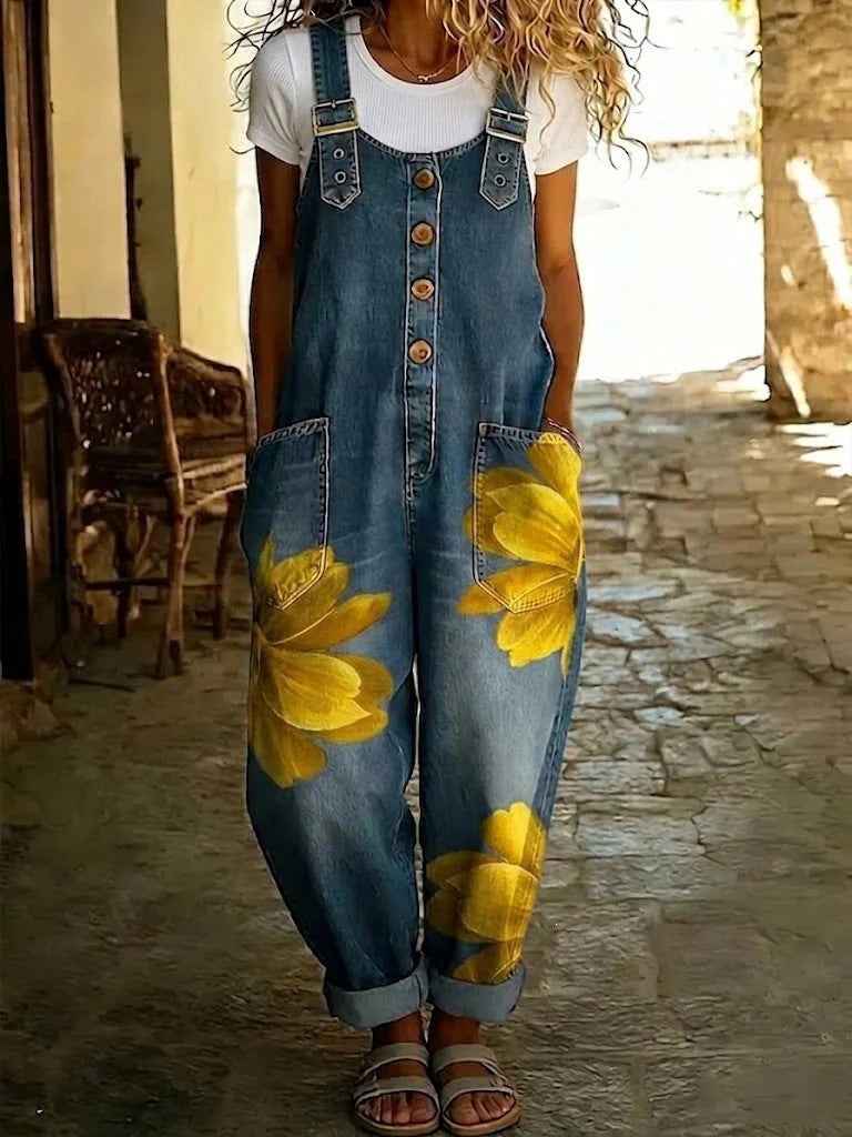 Womens Denim-Style Jumpsuit With Floral Print