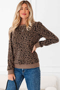 Brown Ribbed Trim Leopard Print Long Sleeve Top