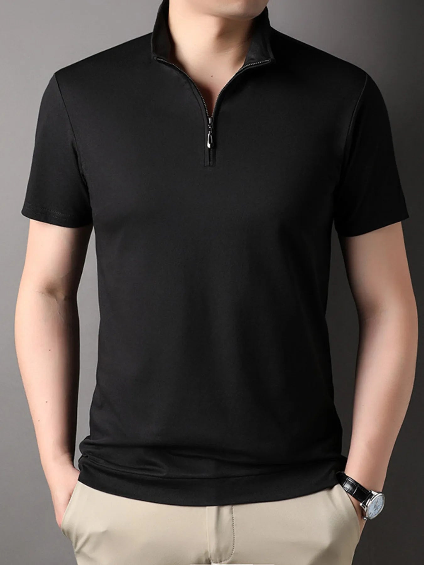 Men's Plus Size Zip Collar Short Sleeve Polo Shirt.