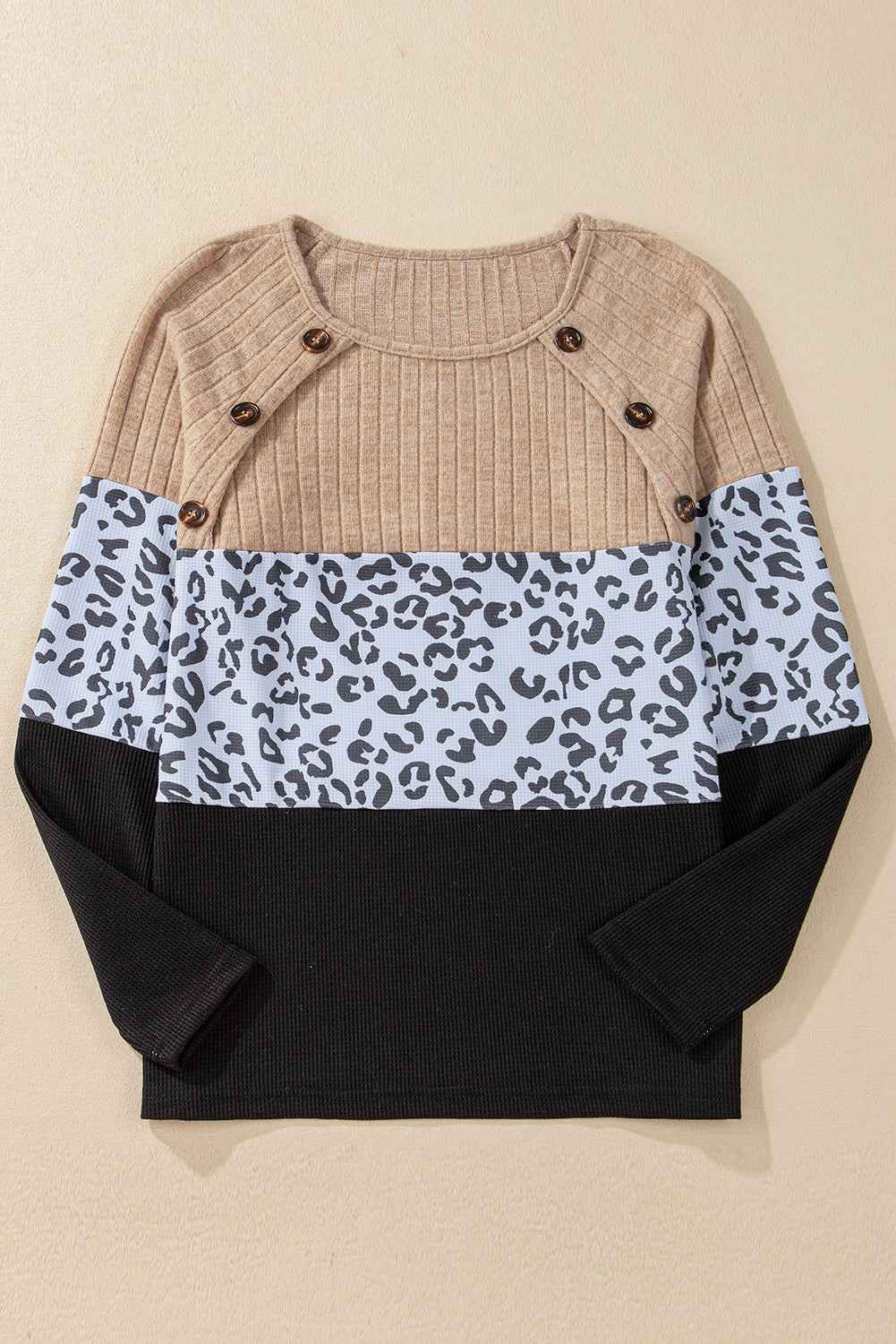 Black Cheetah Textured Patchwork Buttoned Round Neck T Shirt