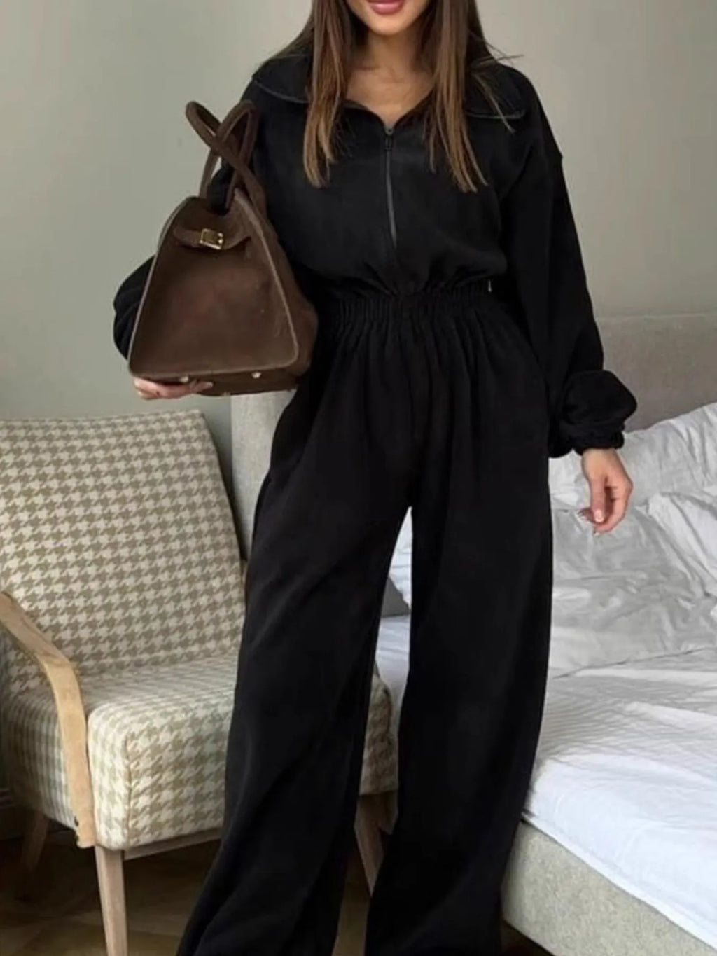 Zip Front Long Sleeve Jumpsuit.