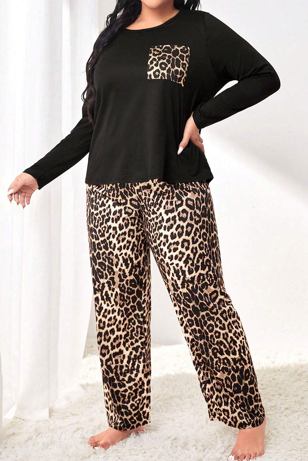 Black Leopard Patched Pocket Long Sleeve Top Plus Size Pants Set Dear-Lover Dropshipping