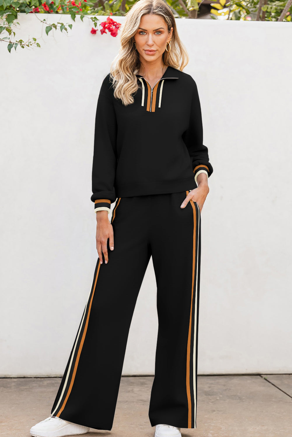 Black Striped Patchwork Quarter Zip Pullover Loose Pant Set Dear-Lover Dropshipping