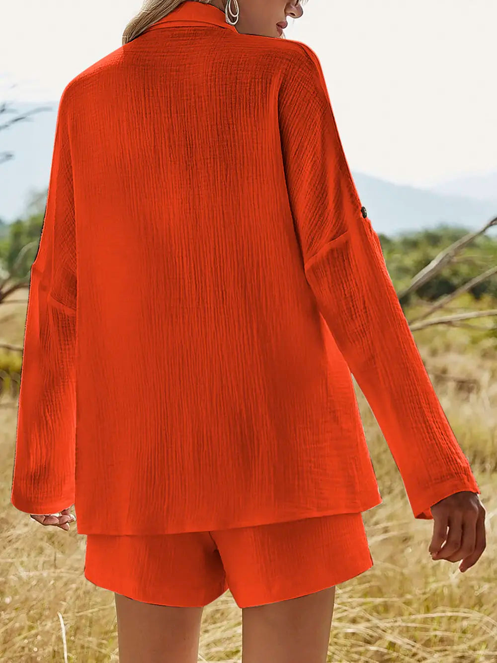 Texture Button Up Shirt and Shorts Set - CHIC TB