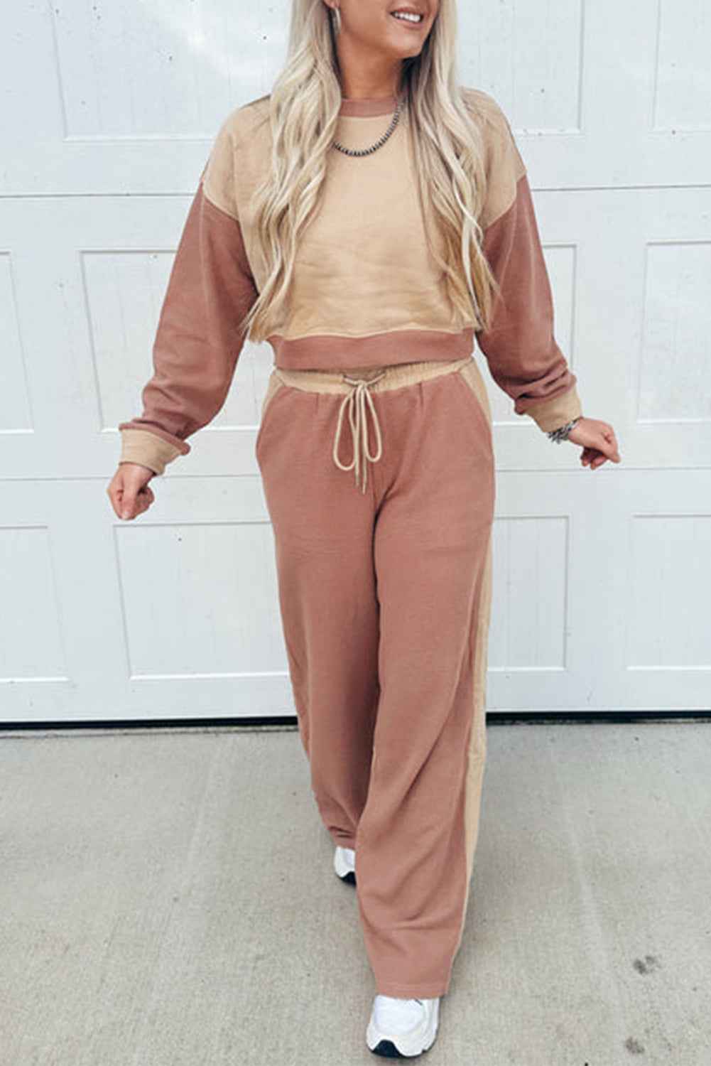 Khaki Color Block Long Sleeve Crop Top Drawstring Pant Set