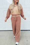 Khaki Color Block Long Sleeve Crop Top Drawstring Pant Set
