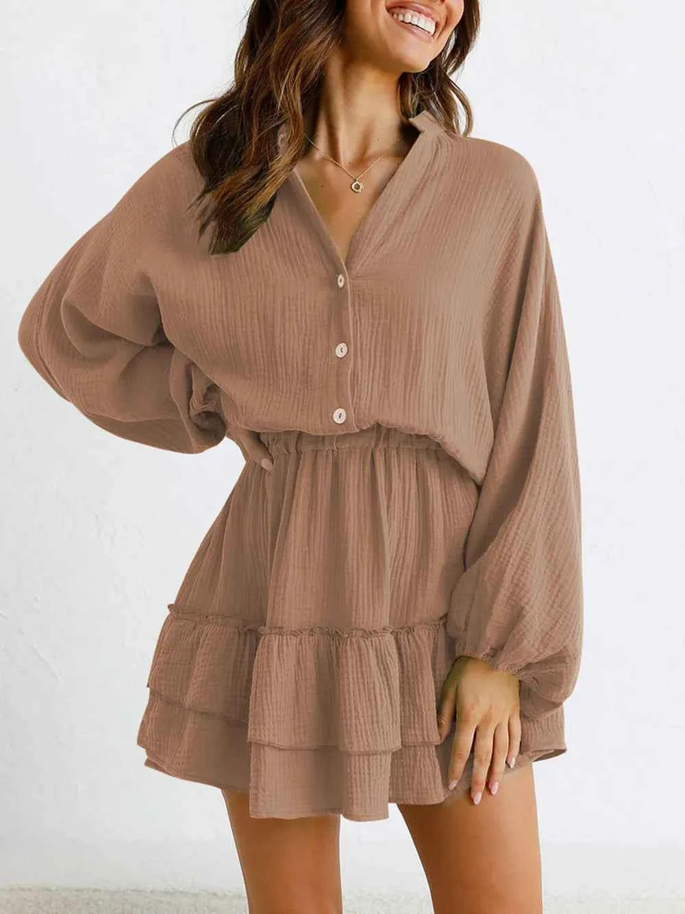 Ruffled Notched Balloon Sleeve Mini Dress.