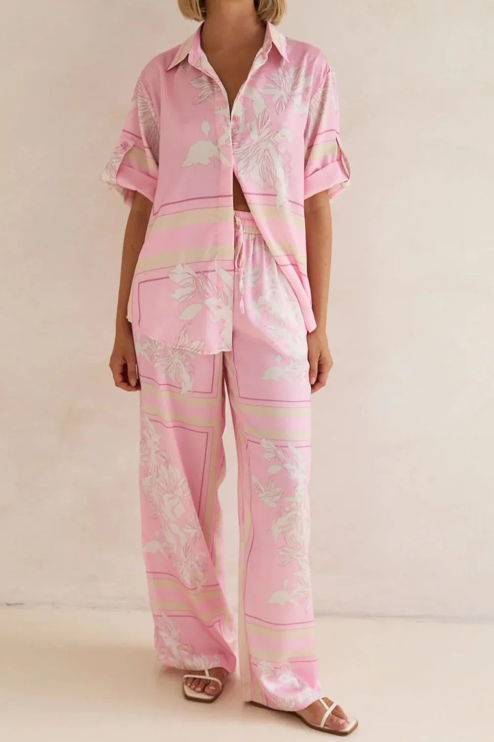 Printed Button Up Shirt and Pants Set - CHIC TB