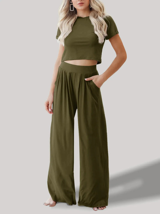 Round Neck Short Sleeve Top and Pants Set WOMEN - CHIC TB