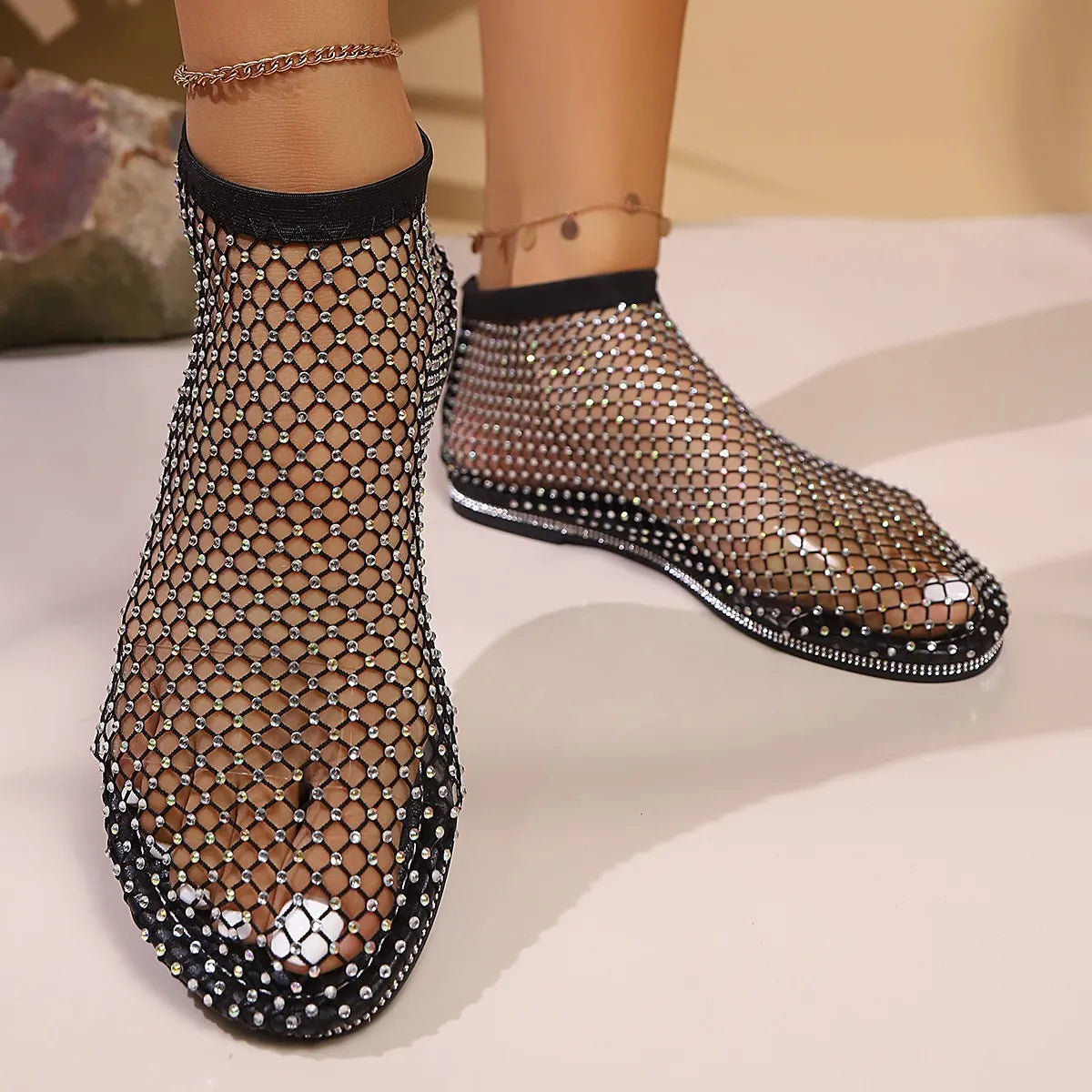 Rhinestone Mesh Flat Sandals.