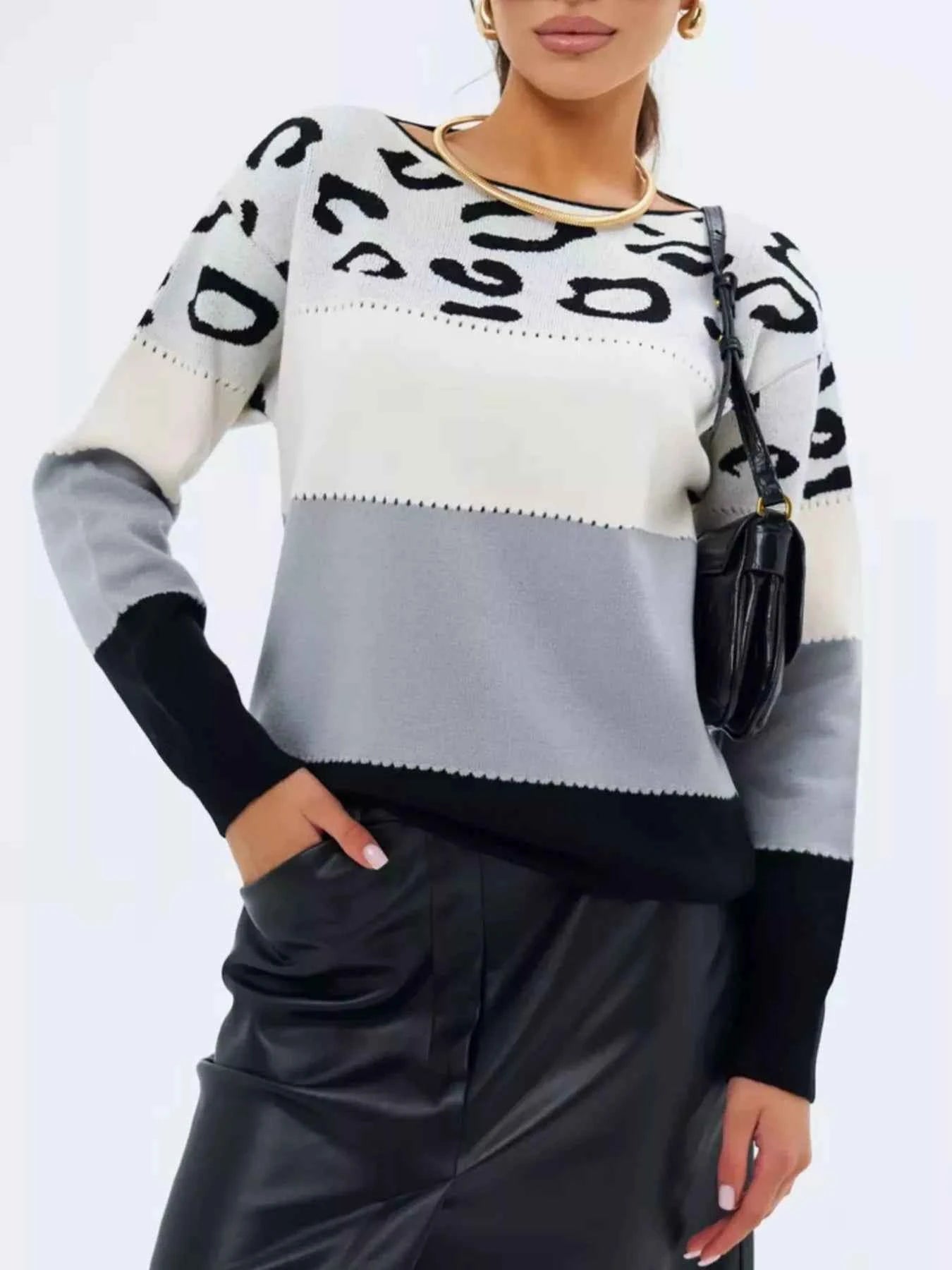 Full Size Leopard Color Block Long Sleeve Sweater Plus Size
