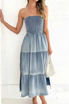 Smocked Tube Slit Tiered Denim Dress