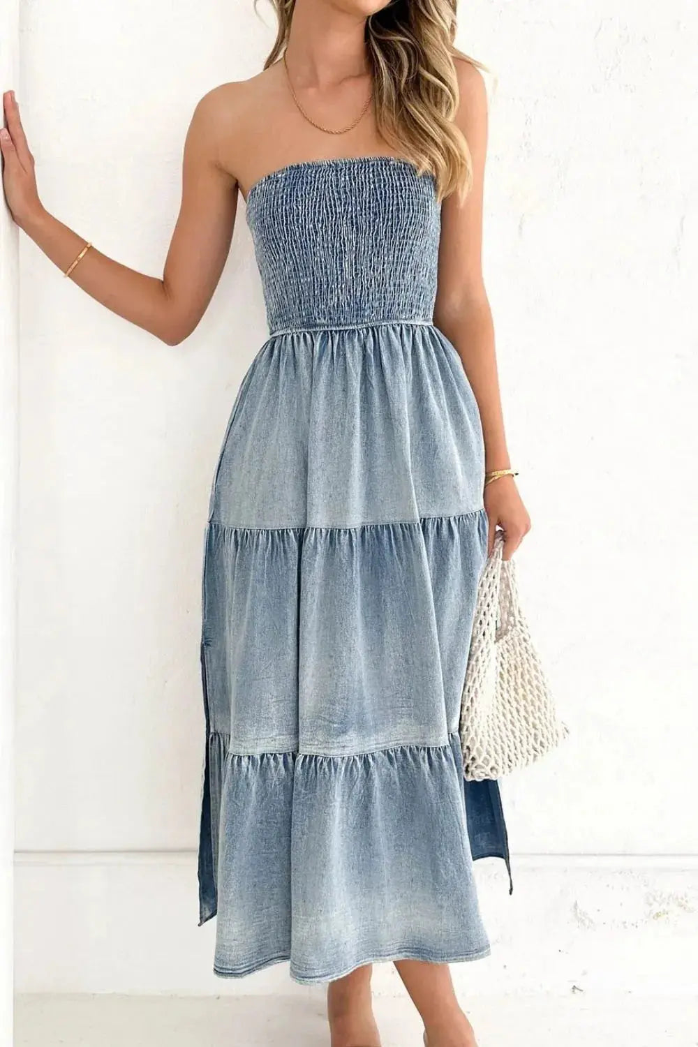 Smocked Tube Slit Tiered Denim Dress.
