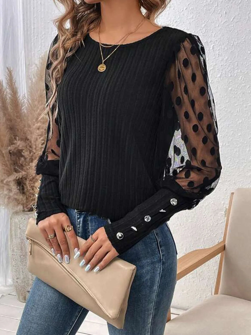 Polka Dot Sheer Sleeve Blouse.
