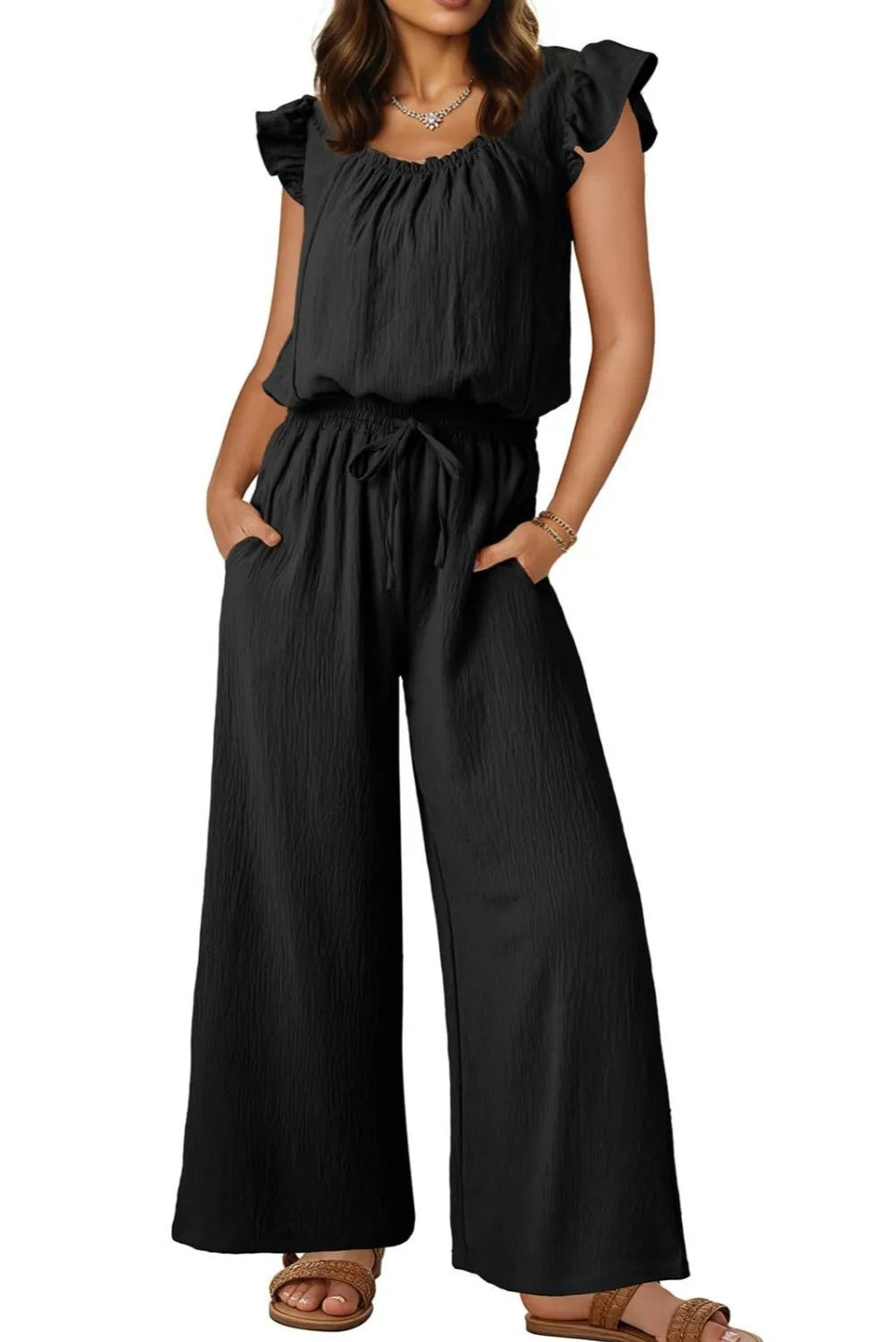 Ruffled Sleeve Wide Leg Jumpsuit.