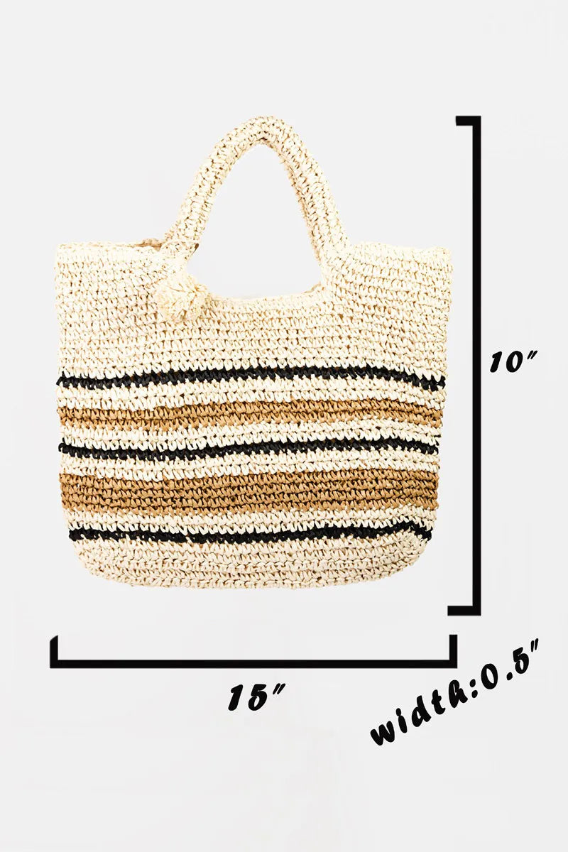 BEACH Striped Straw Braided Tote Bag.
