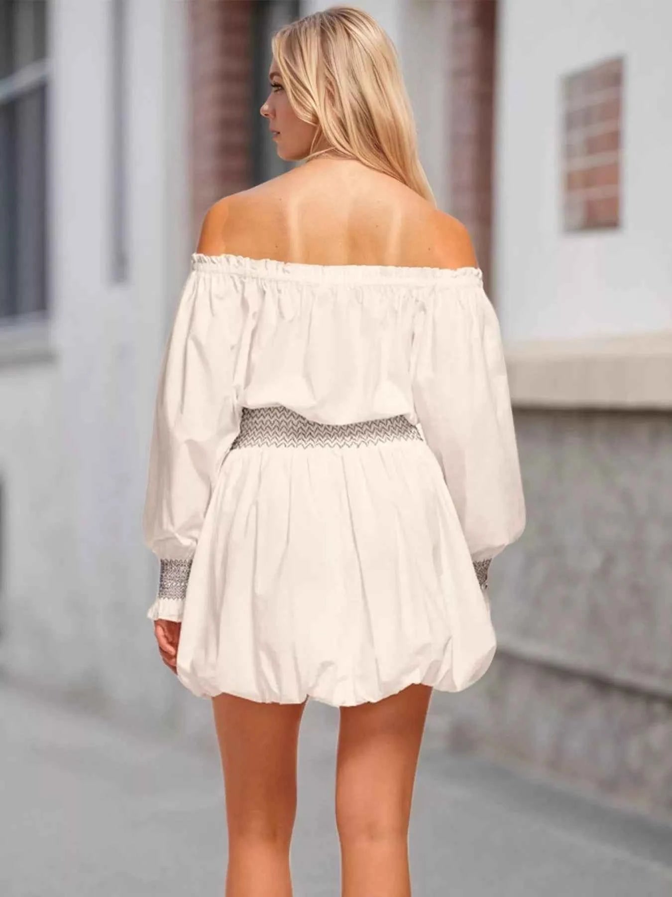 Off-Shoulder Bubble Hem Mini Dress.