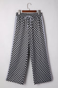 White Checkerboard Drawstring Waist Casual Pants