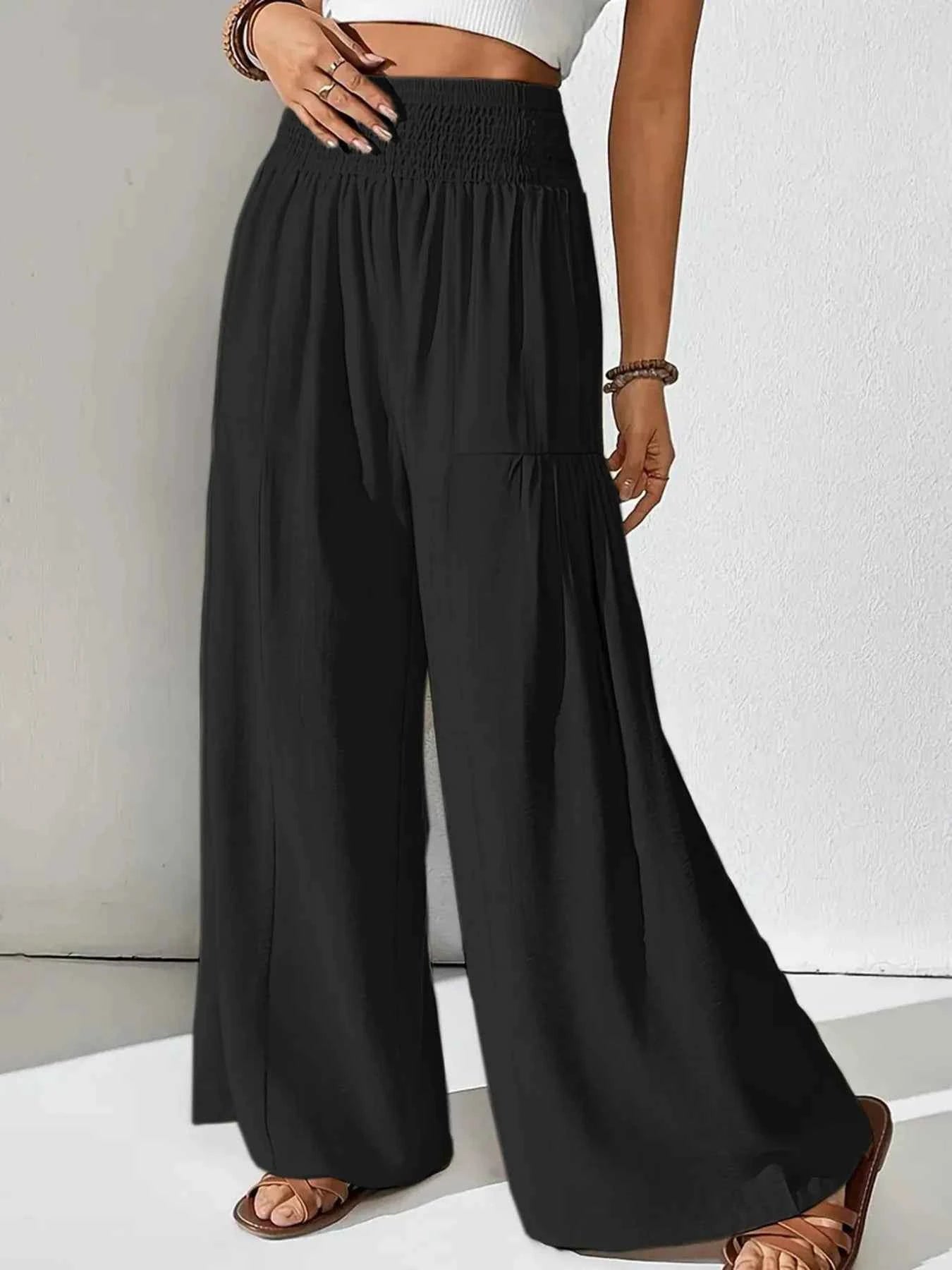Smocked Waist Wide Leg Pants.