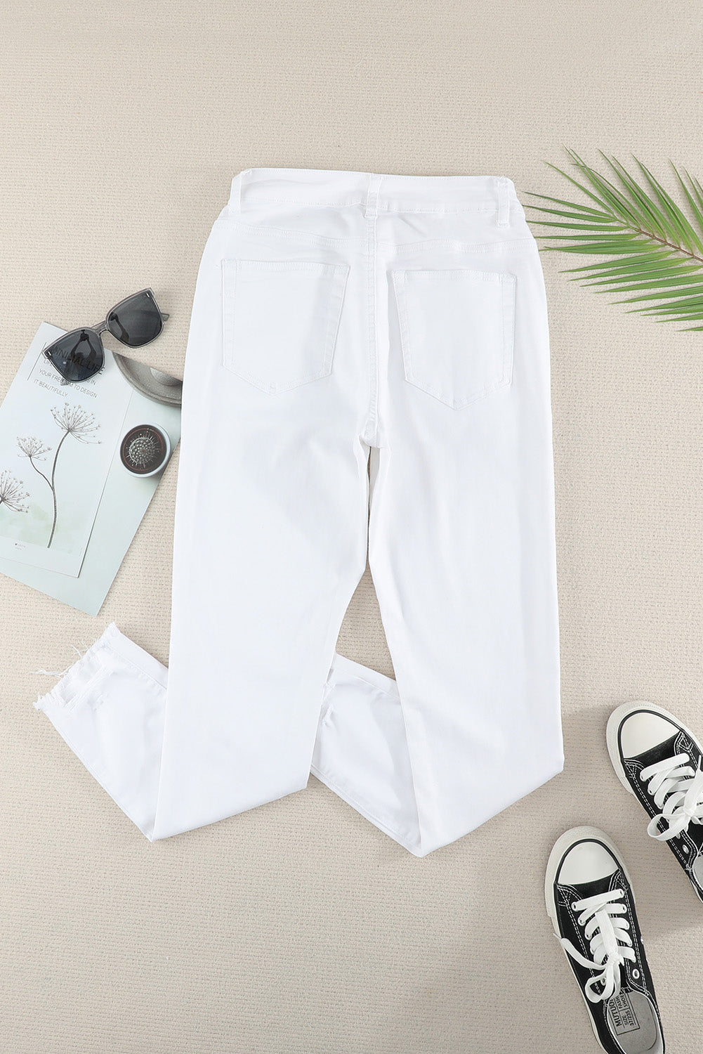 White Plain High Waist Buttons Frayed Cropped Denim Jeans Dear-Lover Dropshipping