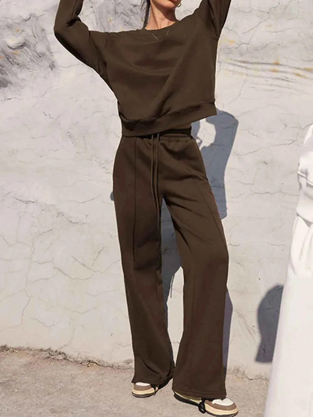 Round Neck Long Sleeve Top and Elastic Waist Pants Set