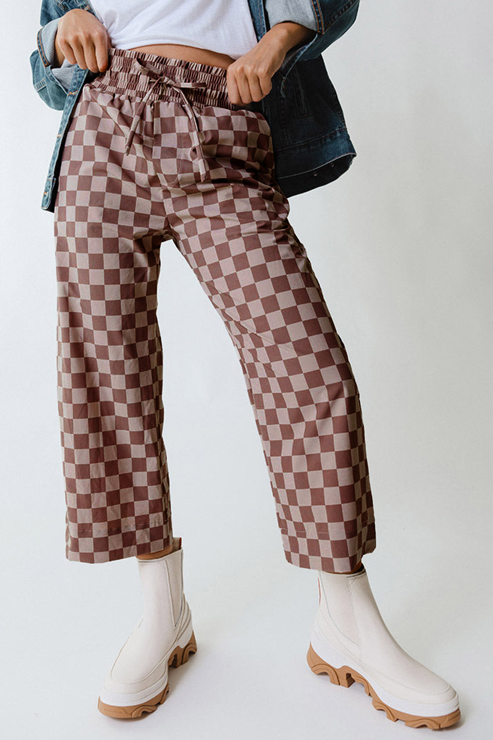 Khaki Checkered Elastic High Waist Loose Casual Pants Dear-Lover Dropshipping