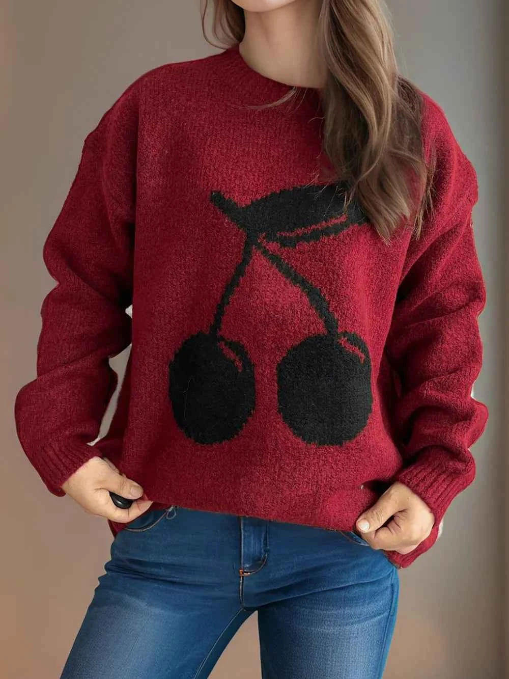 Cherry Round Neck Long Sleeve Sweater