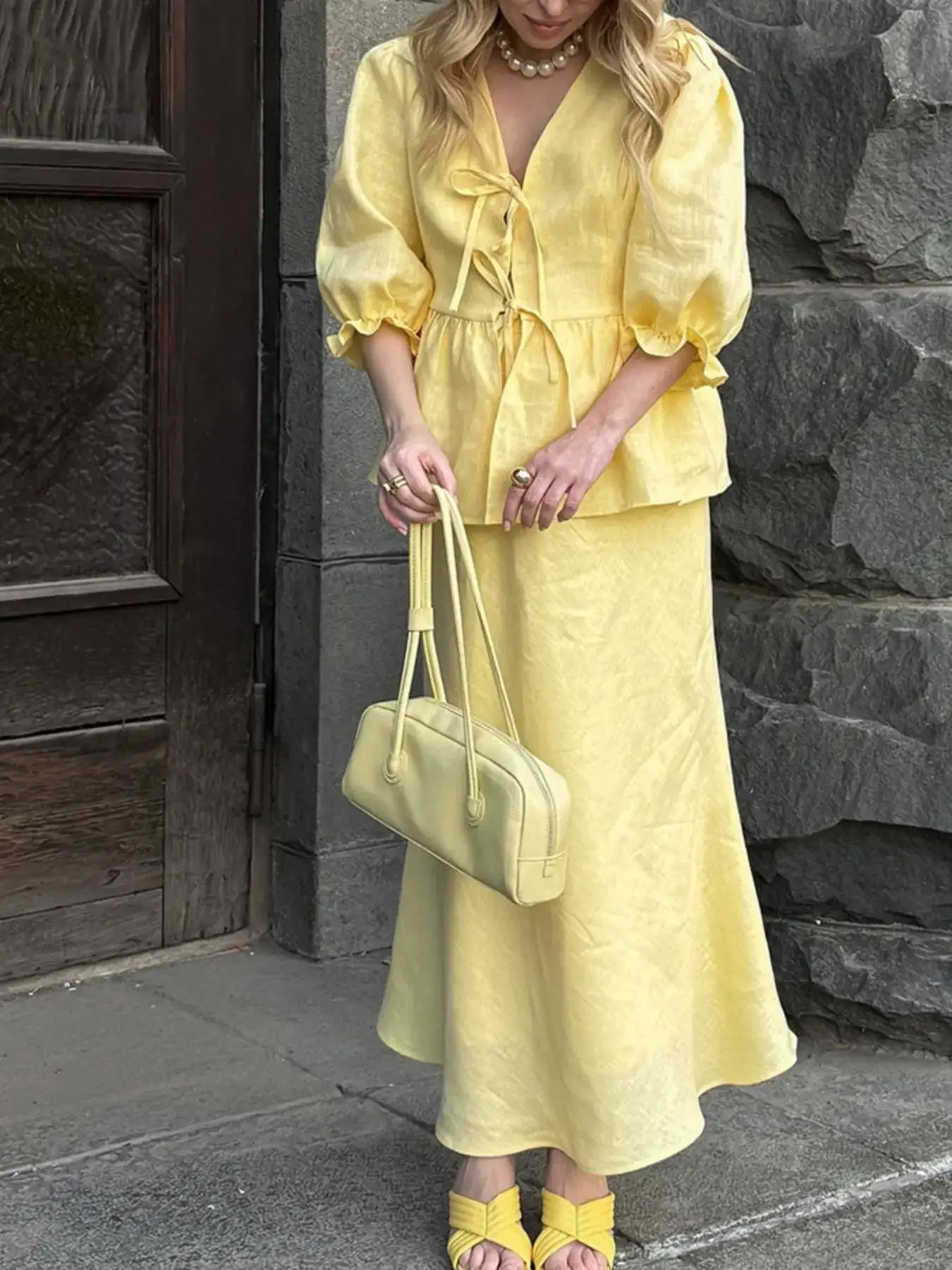 Tie Front Peplum Top and Skirt Set.