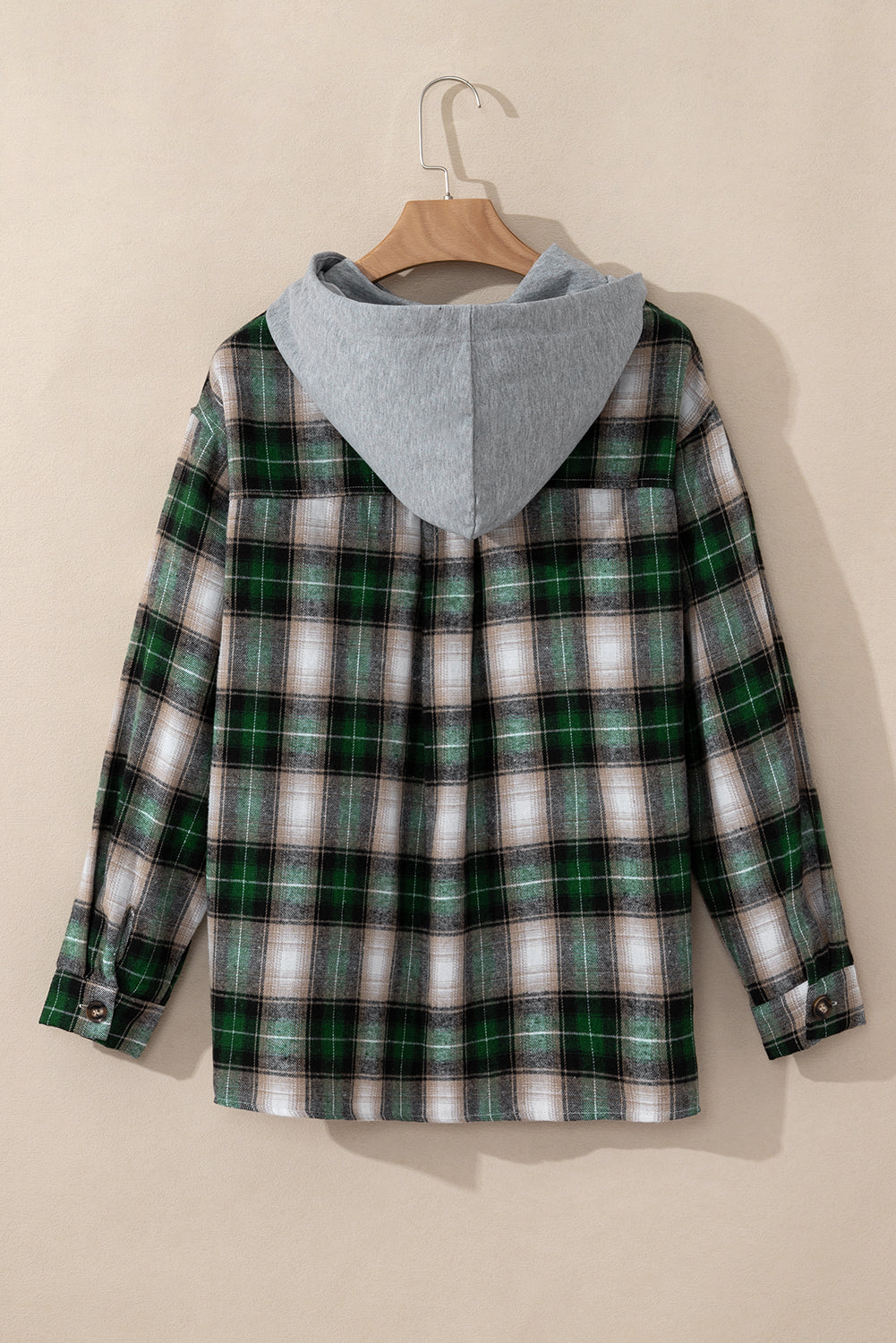 Green Plaid Print Chest Pocket Buttoned Hooded Shacket Dear-Lover Dropshipping