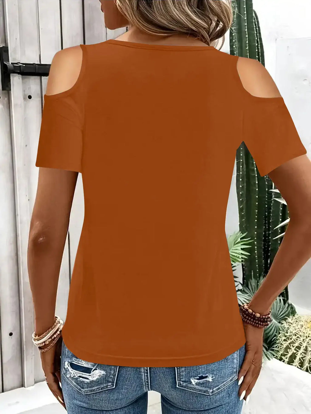 Cold Shoulder T-Shirt with Metal Ring Detail.