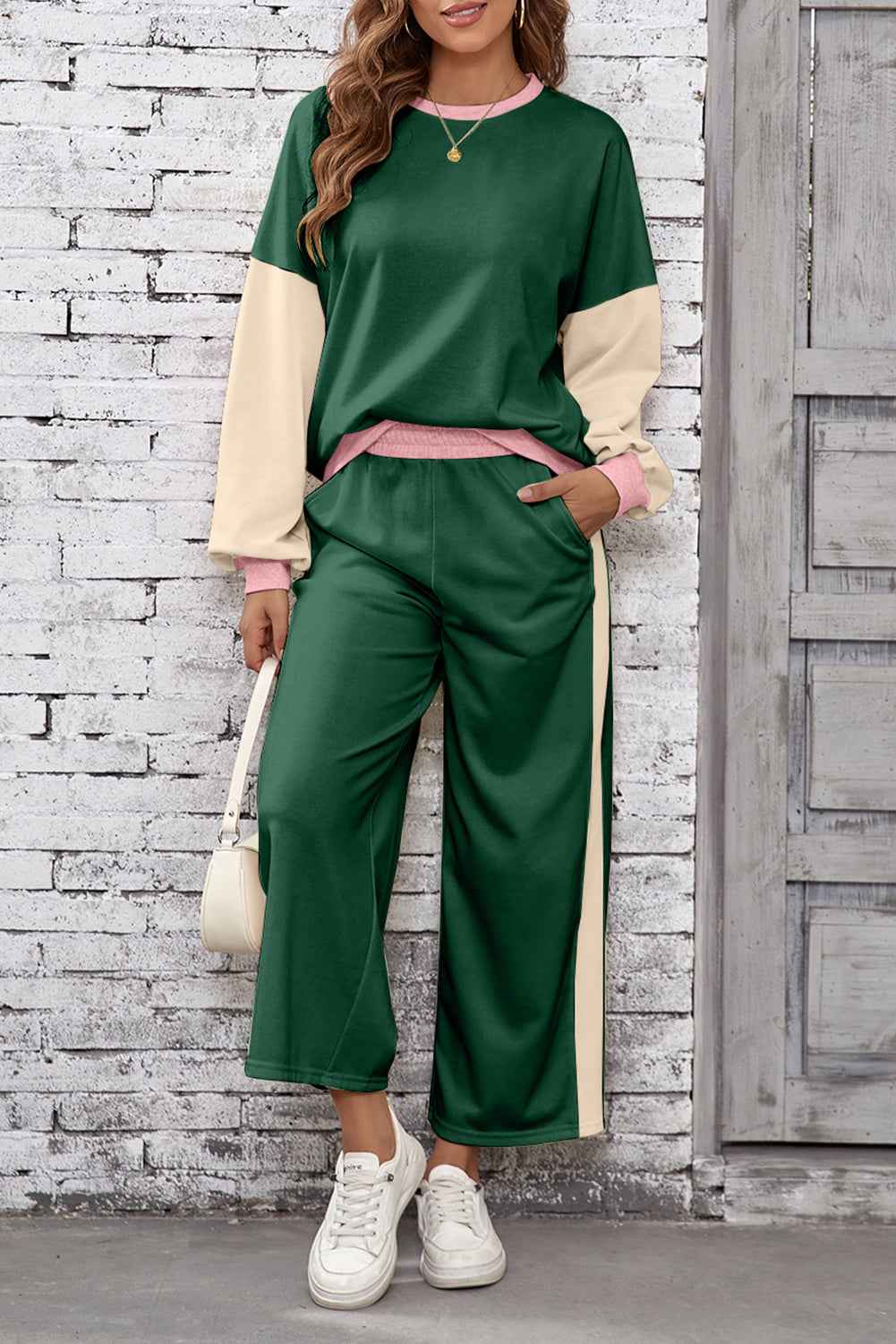 Blackish Green 2pcs Color Block Pullover Loose Pant Set