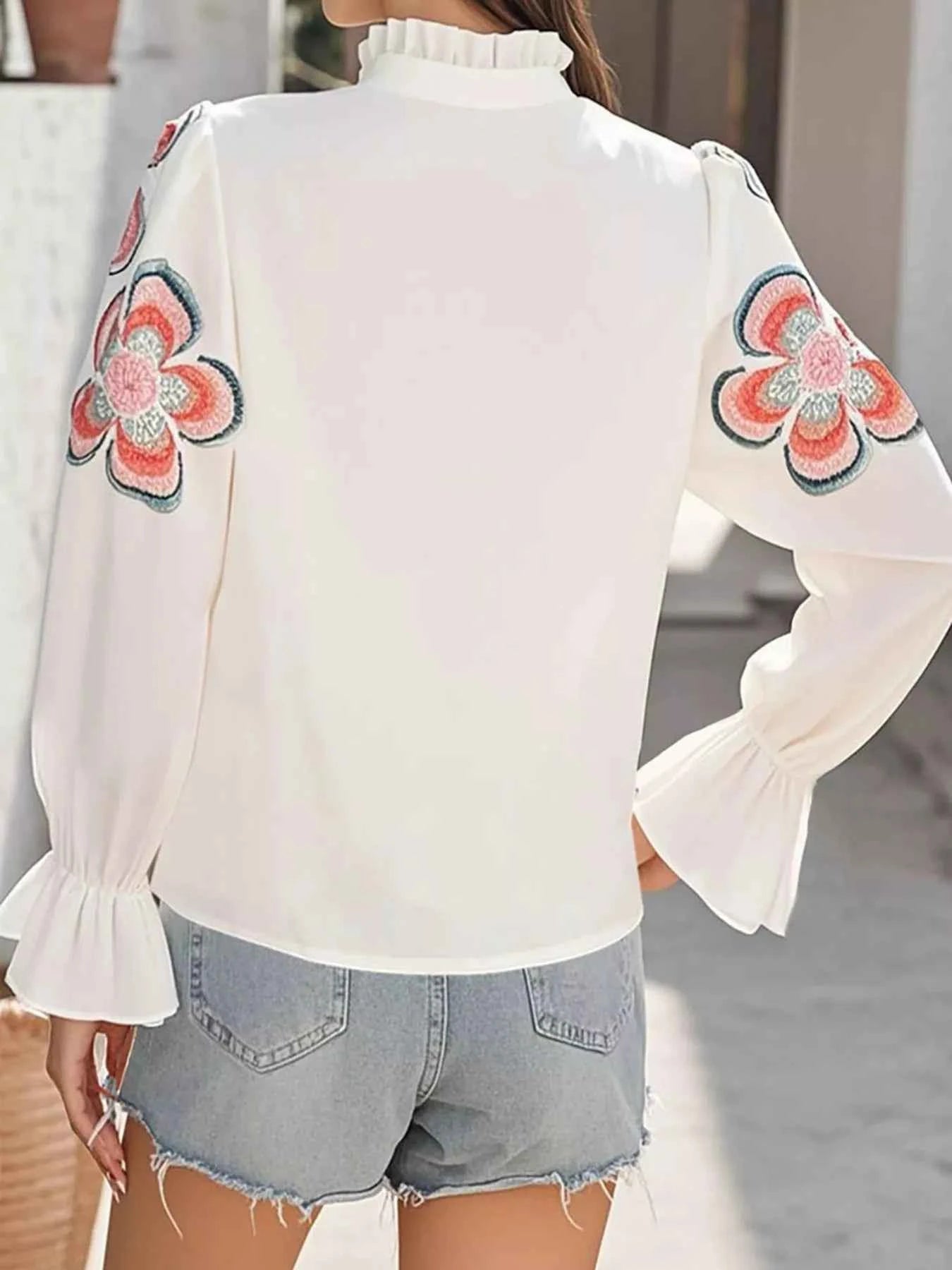 Floral Embroidered Notched Long Sleeve Blouse