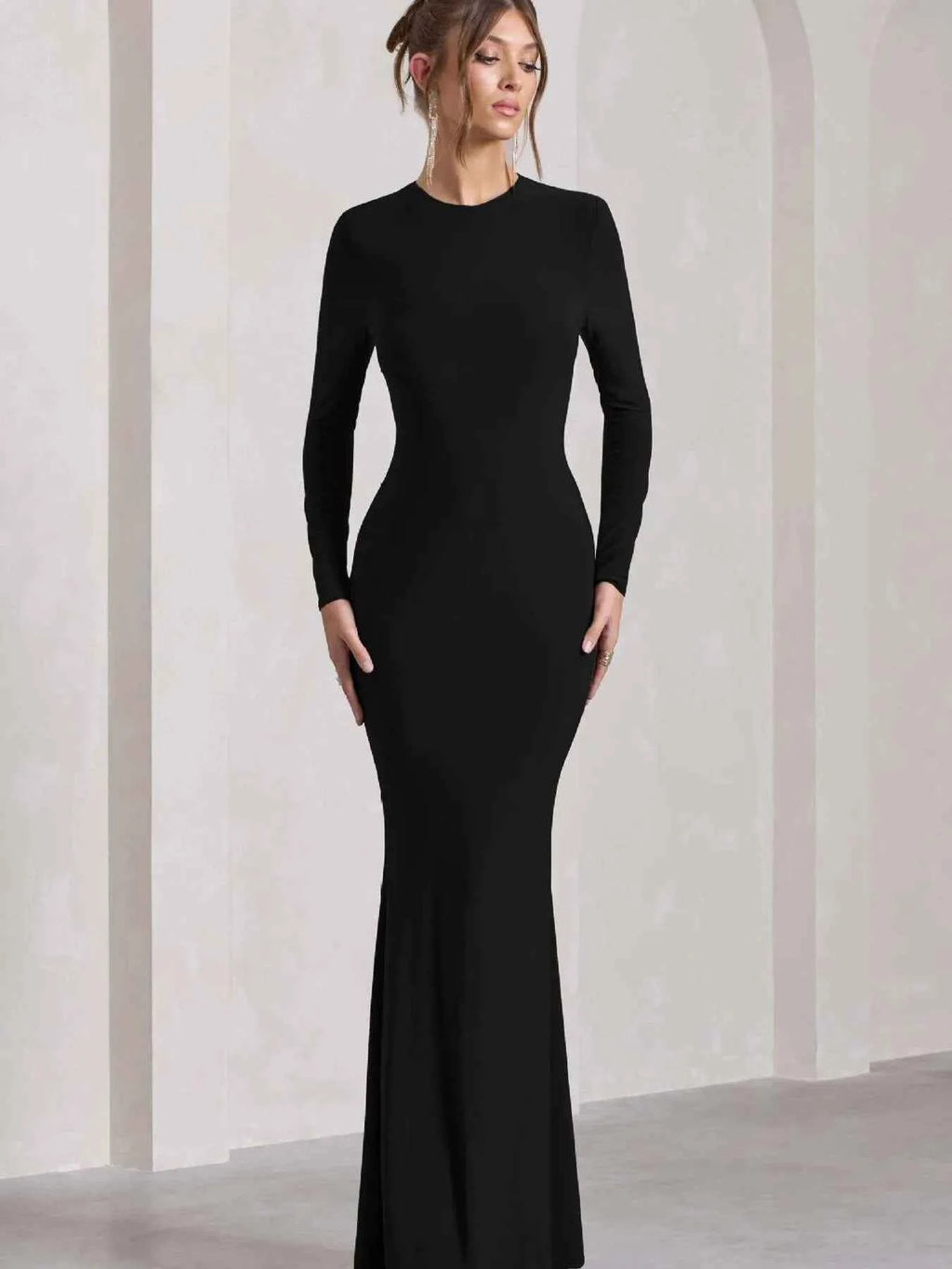 Round Neck Long Sleeve Bodycon Maxi Dress