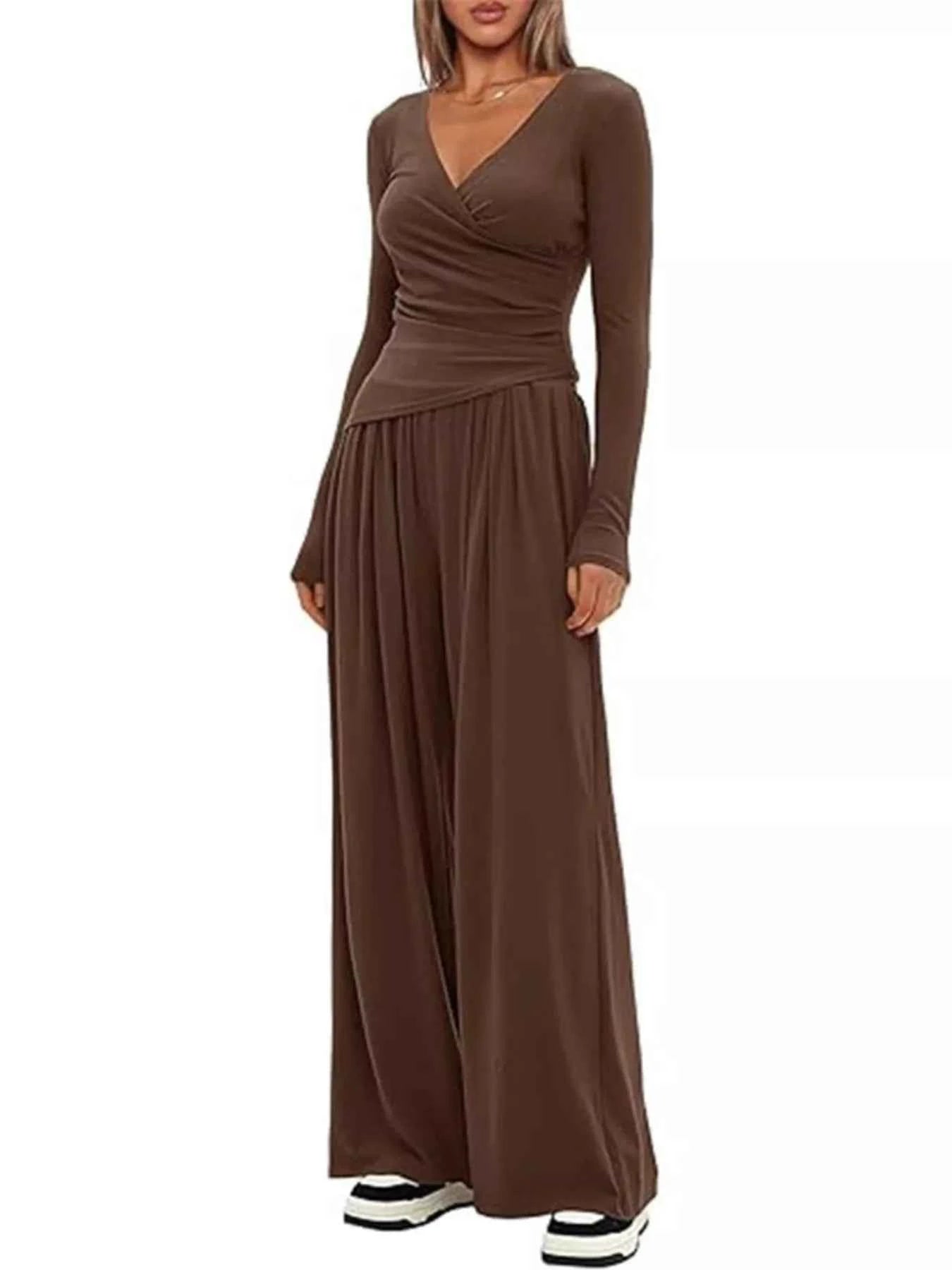 Casual Long Sleeve Top and Wide Leg Pants Set