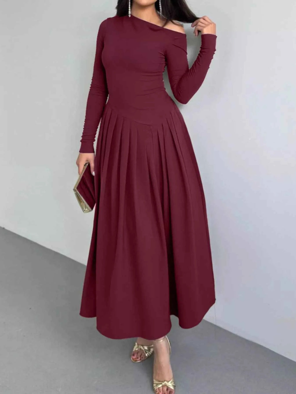 Ruched One Shoulder Long Sleeve Dress