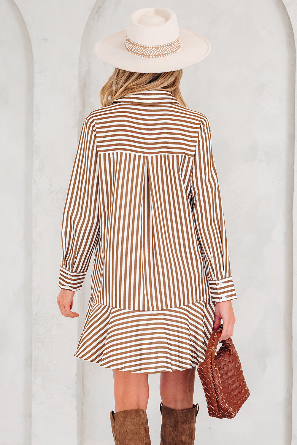 Brown Stripe Ruffled Hem Collared Long Sleeve Shirt Mini Dress Dear-Lover Dropshipping