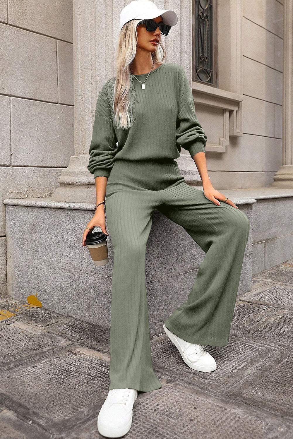 Laurel Green Solid Ribbed Knit Keyhole Back High Waist Jumpsuit Dear-Lover Dropshipping