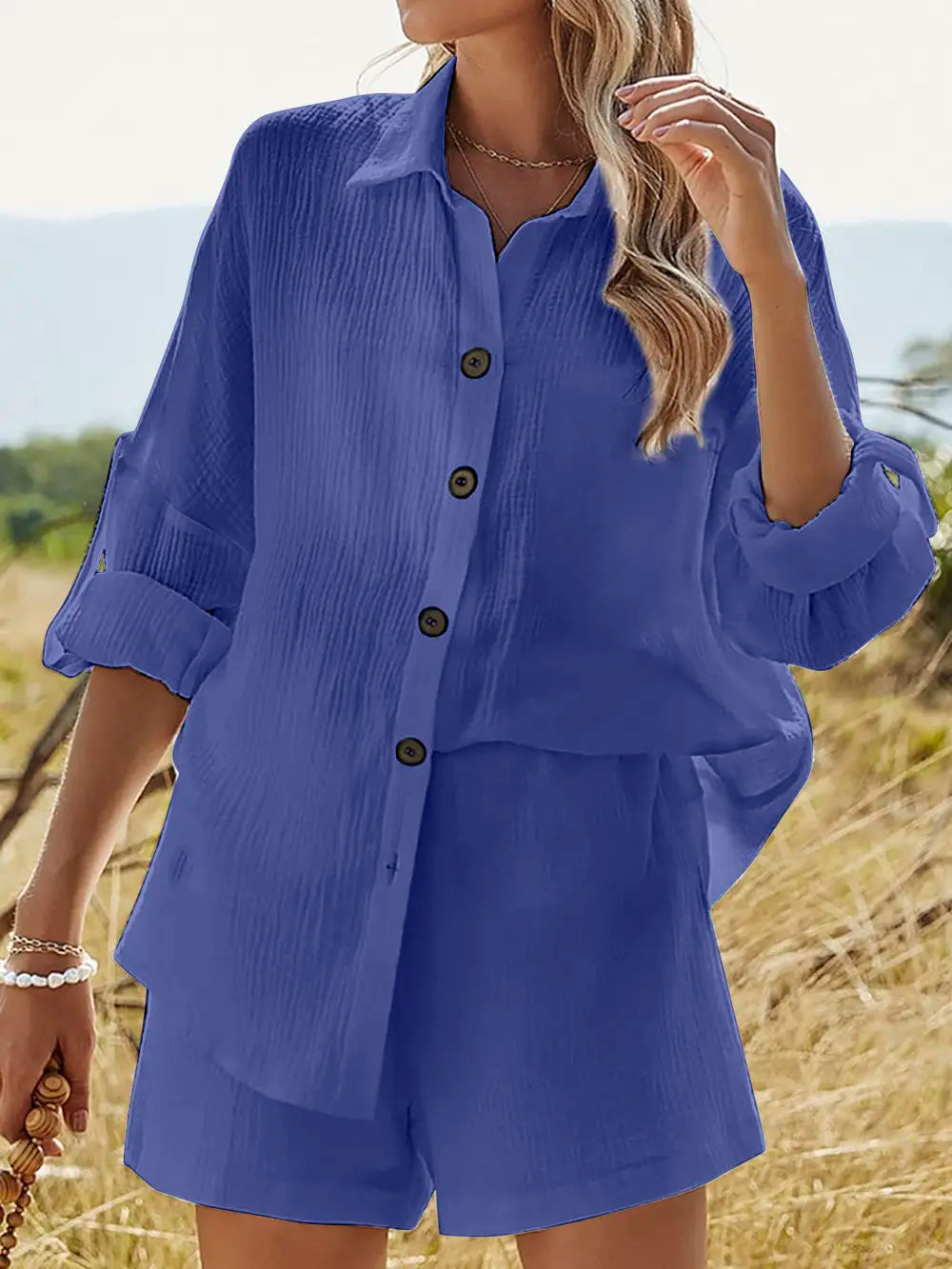 Texture Button Up Shirt and Shorts Set - CHIC TB