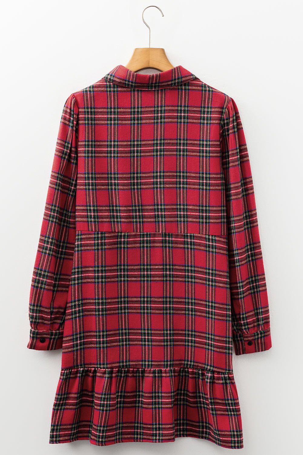 Red Plaid Shirt Collar Half Button Ruffle Hem Long Sleeve Mini Dress Dear-Lover Dropshipping